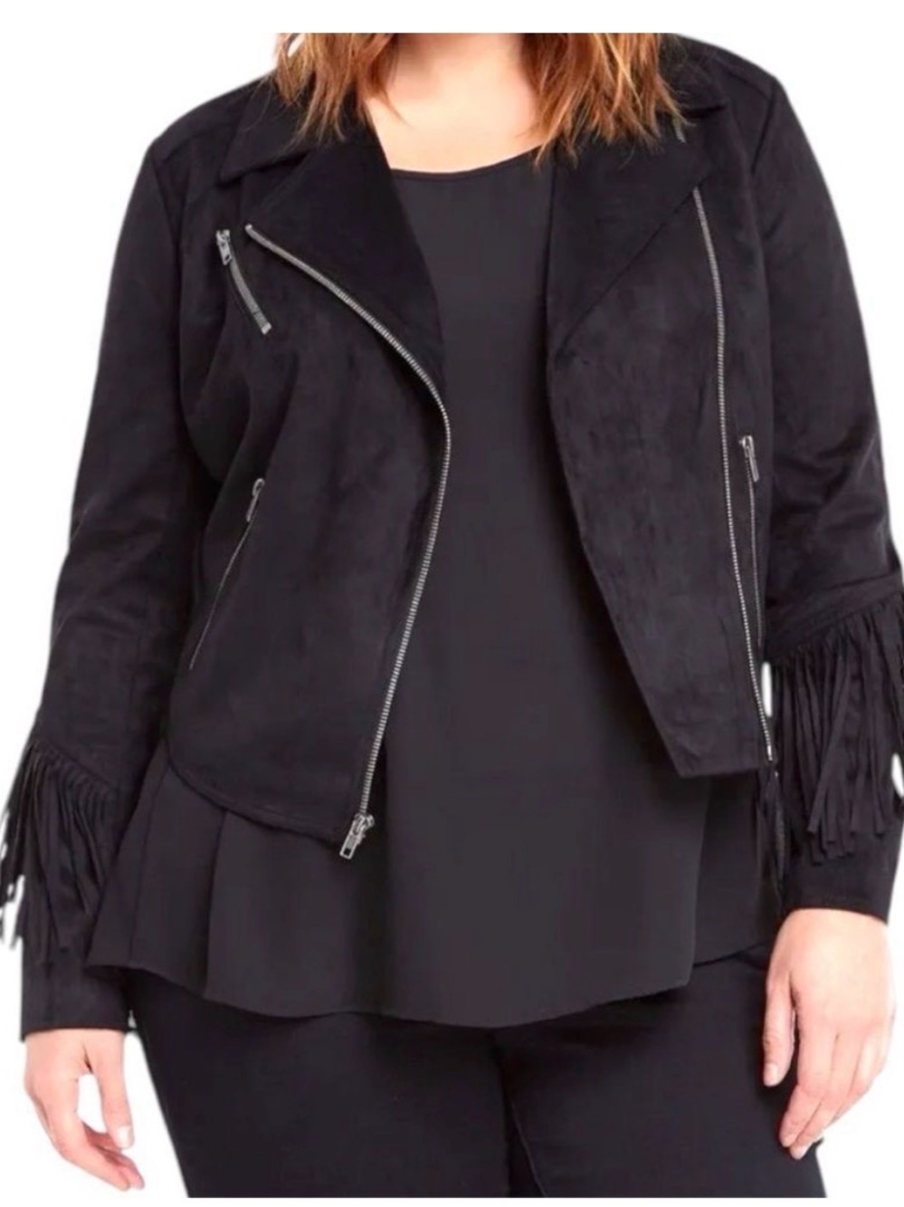 Torrid Faux Suede Fringe Moto Jacket in Deep Black, Size 2